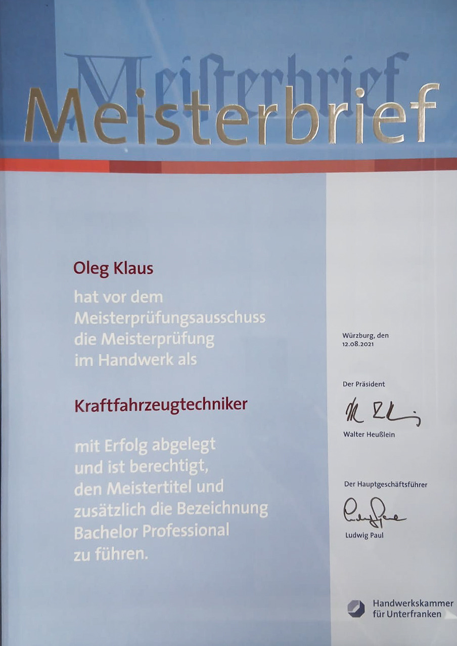 Meisterbrief Kraftfahrzeugtechniker von Oleg Klaus, Handwerkskammer für Unterfranken
